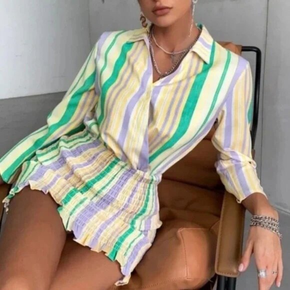 Zara The Valery Striped V-Neck Smock Long Sleeve Mini Shirt Dress Pastel XL - Picture 1 of 8